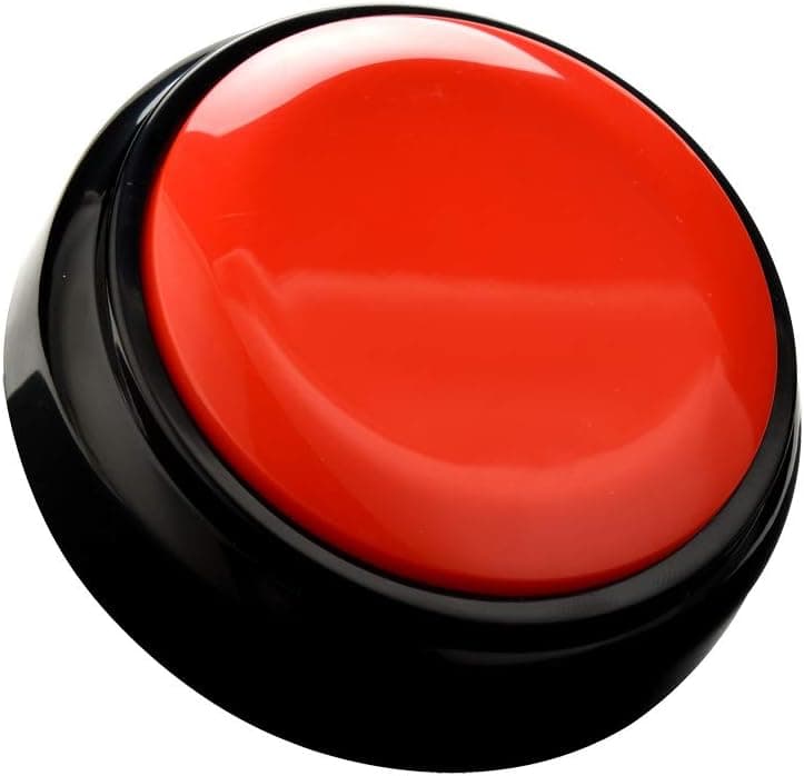 A Fun Buttons unit photographed from above: a glossy black housing with a large red cap.